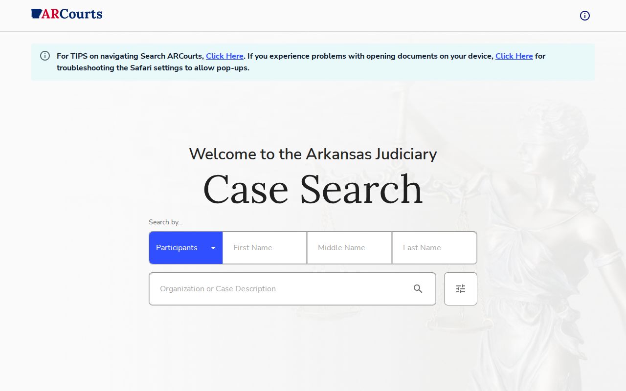 Search ARCourts public court case search start screen