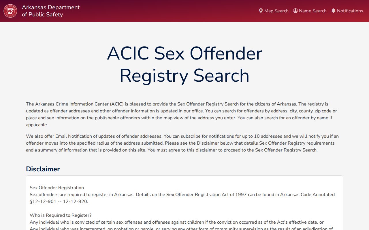 Arkansas Sex Offender Notification System public registry search interface